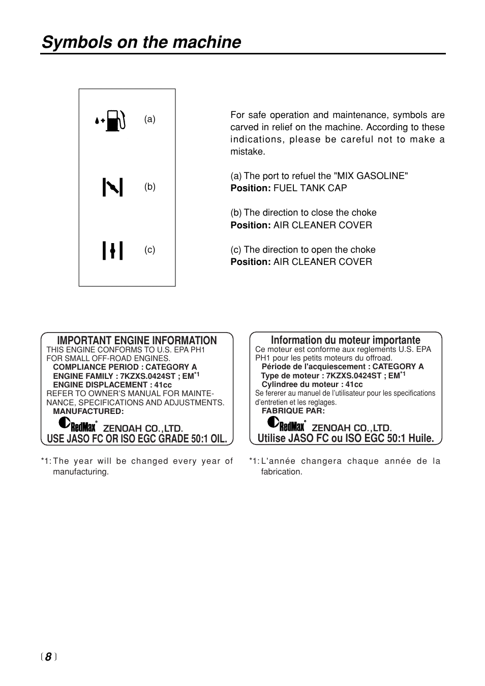 Symbols on the machine, Important engine information, Utilise jaso fc ou iso egc 50:1 huile | Zenoah EB4401 User Manual | Page 8 / 28