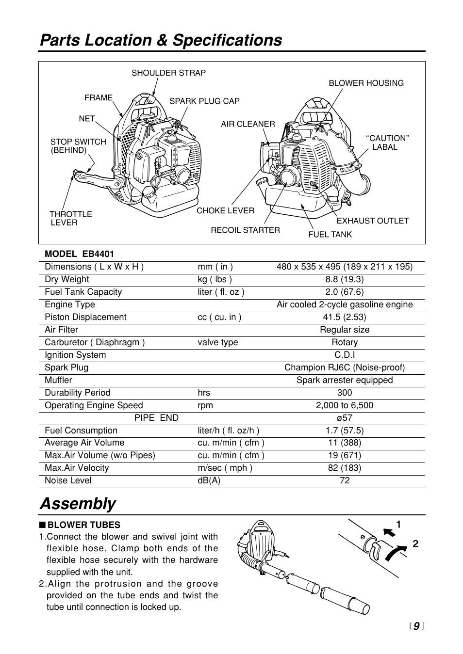Parts location & specifications assembly | Zenoah EB4401 User Manual | Page 9 / 28