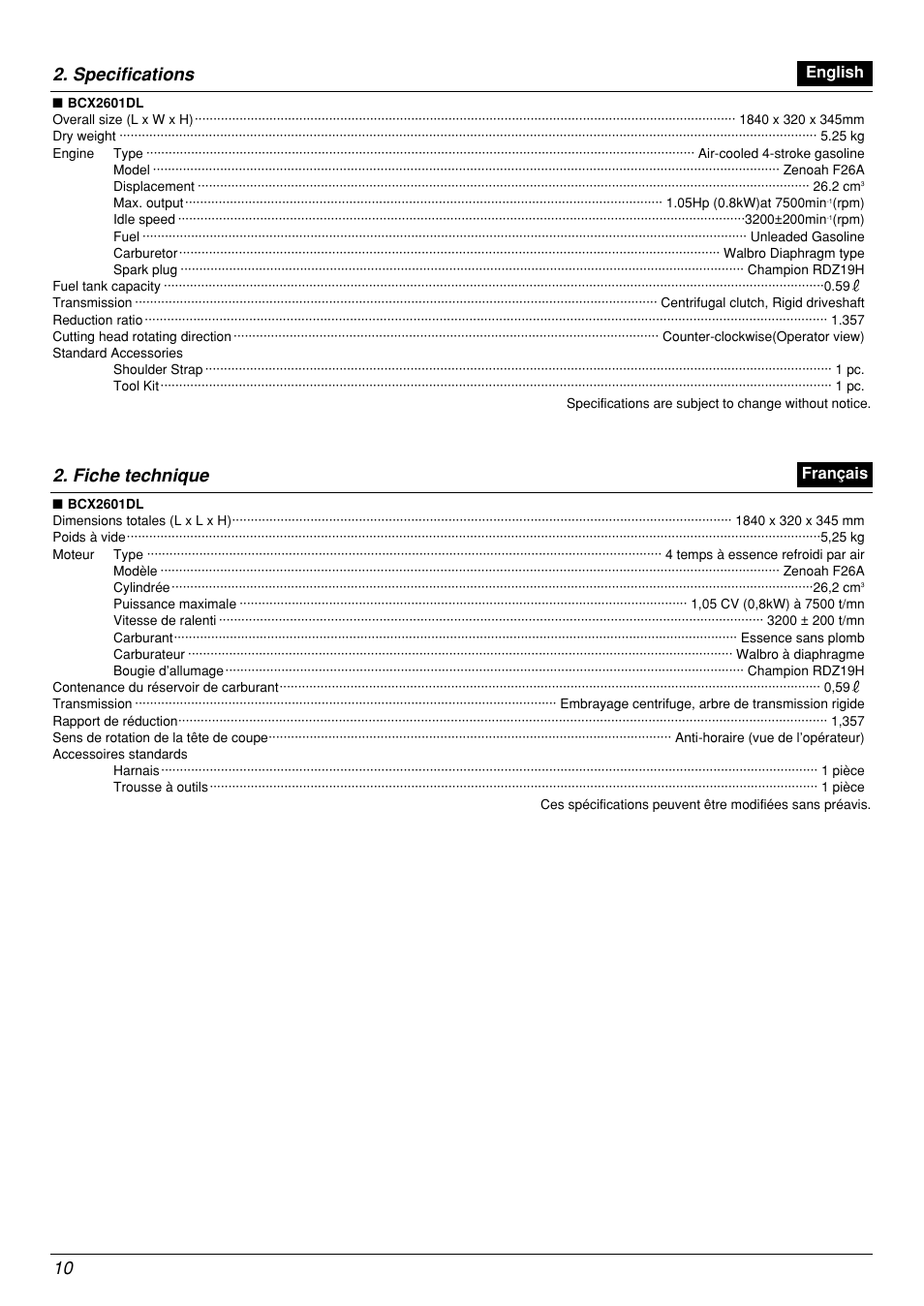 Specifications 10, Fiche technique | Zenoah BCX2601DL User Manual | Page 10 / 72