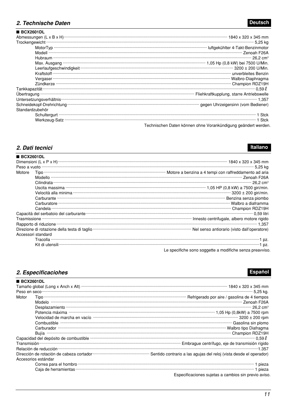 11 2. technische daten, Dati tecnici, Especificaciohes | Zenoah BCX2601DL User Manual | Page 11 / 72
