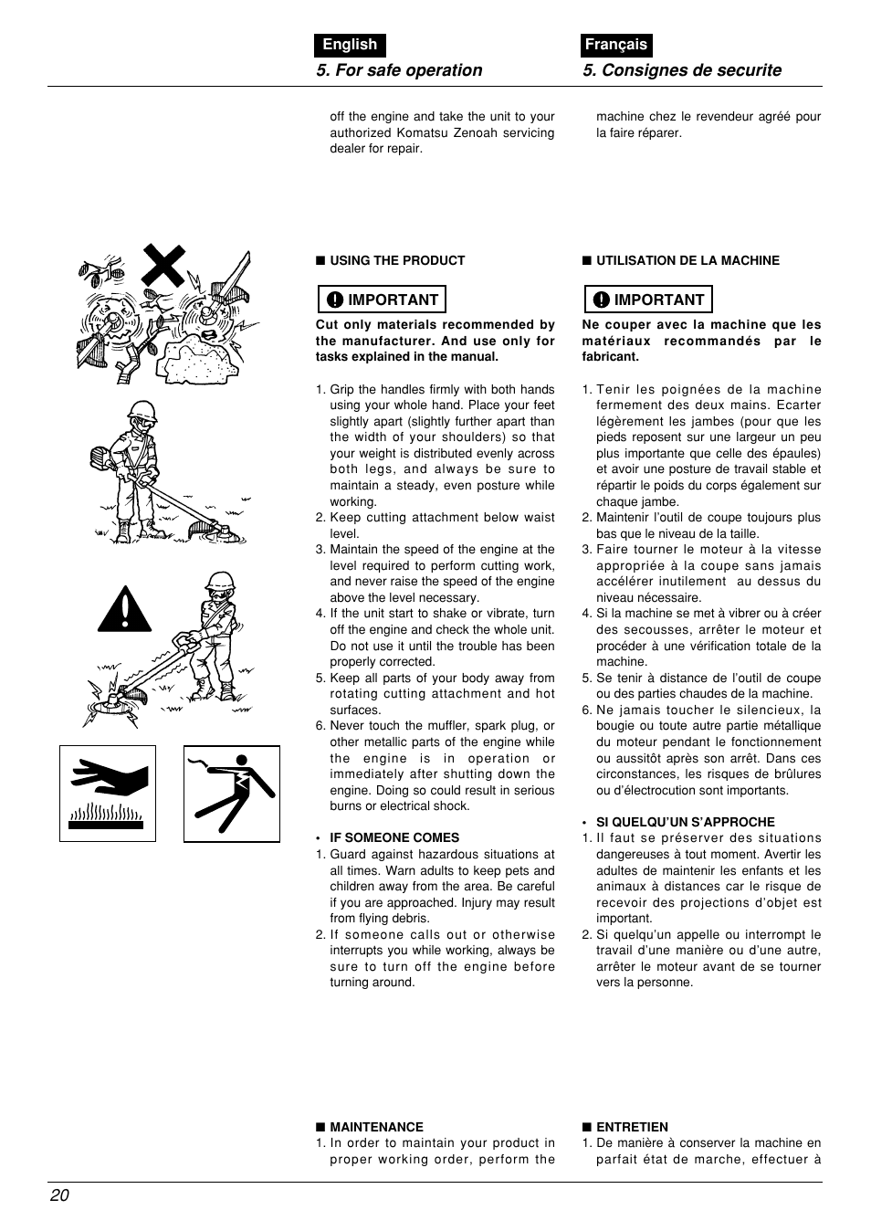 For safe operation 5. consignes de securite | Zenoah BCX2601DL User Manual | Page 20 / 72