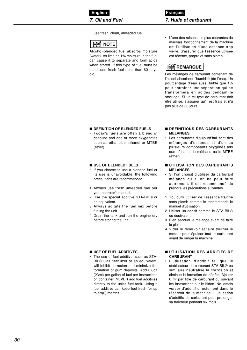 30 7. oil and fuel 7. huile et carburant | Zenoah BCX2601DL User Manual | Page 30 / 72