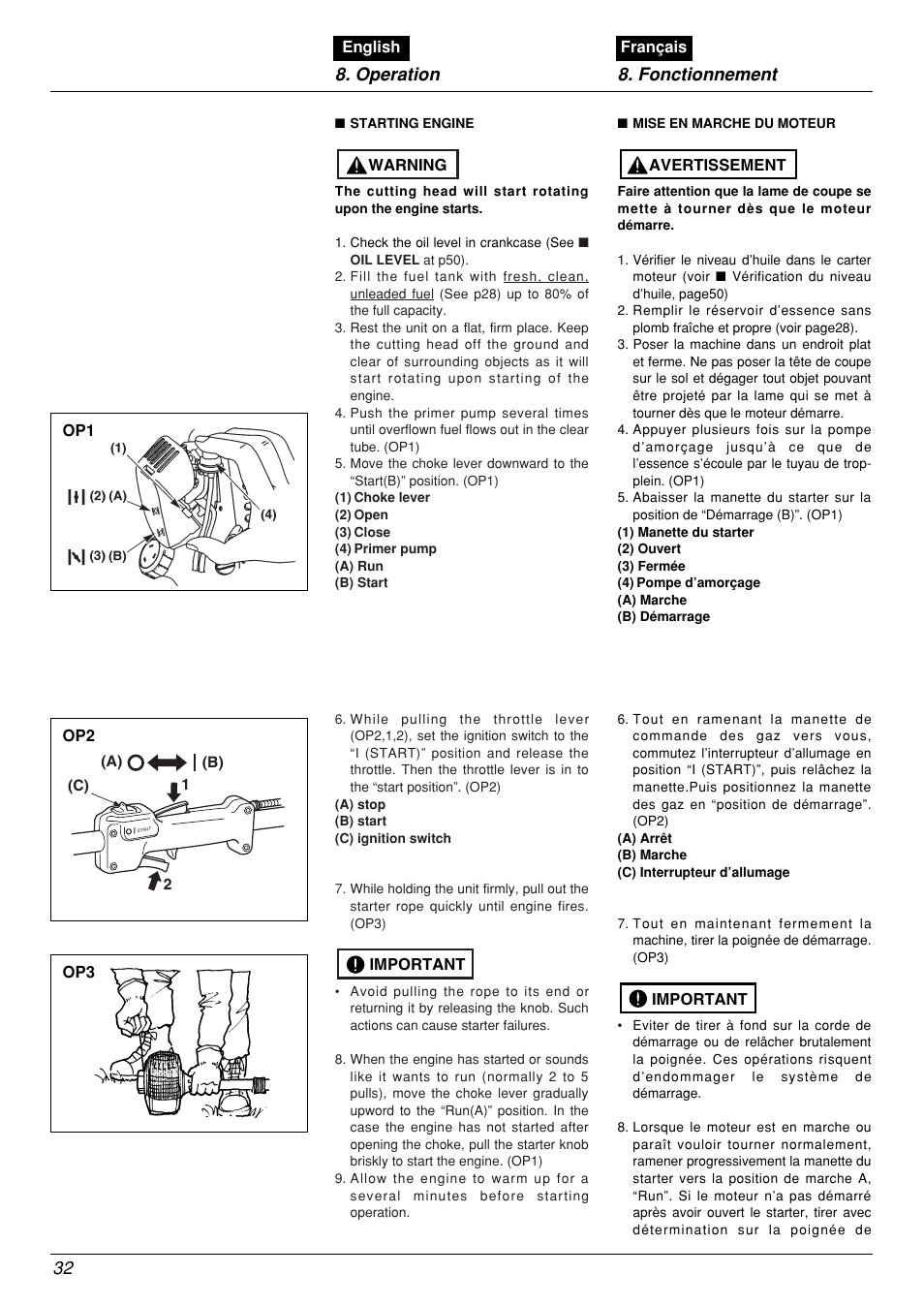 Operation 8. fonctionnement 32 | Zenoah BCX2601DL User Manual | Page 32 / 72