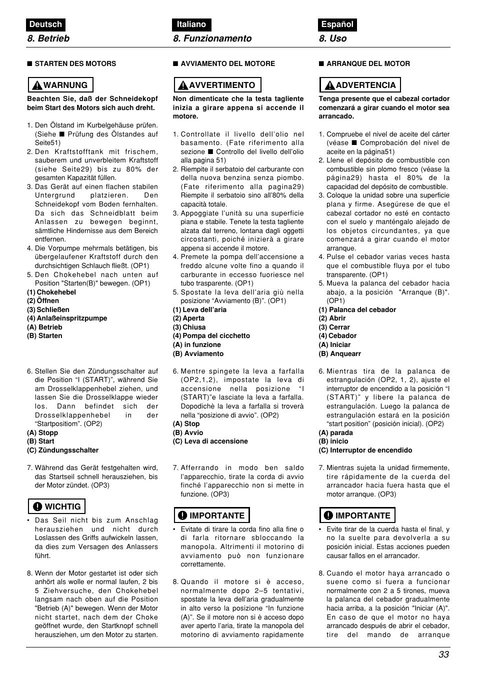 Betrieb 8. funzionamento 8. uso 33 | Zenoah BCX2601DL User Manual | Page 33 / 72
