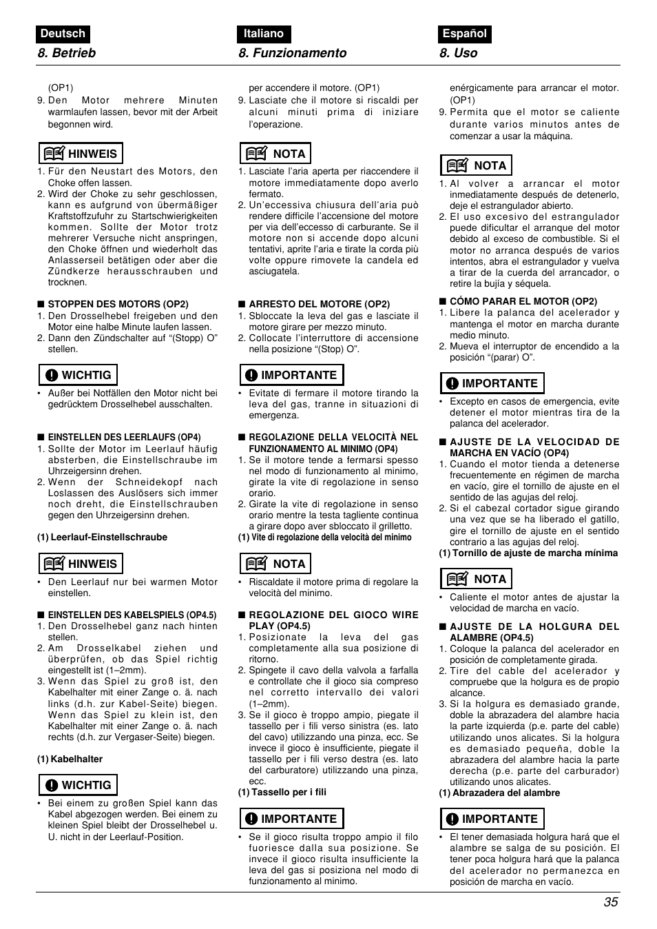 Betrieb 8. funzionamento 8. uso 35 | Zenoah BCX2601DL User Manual | Page 35 / 72