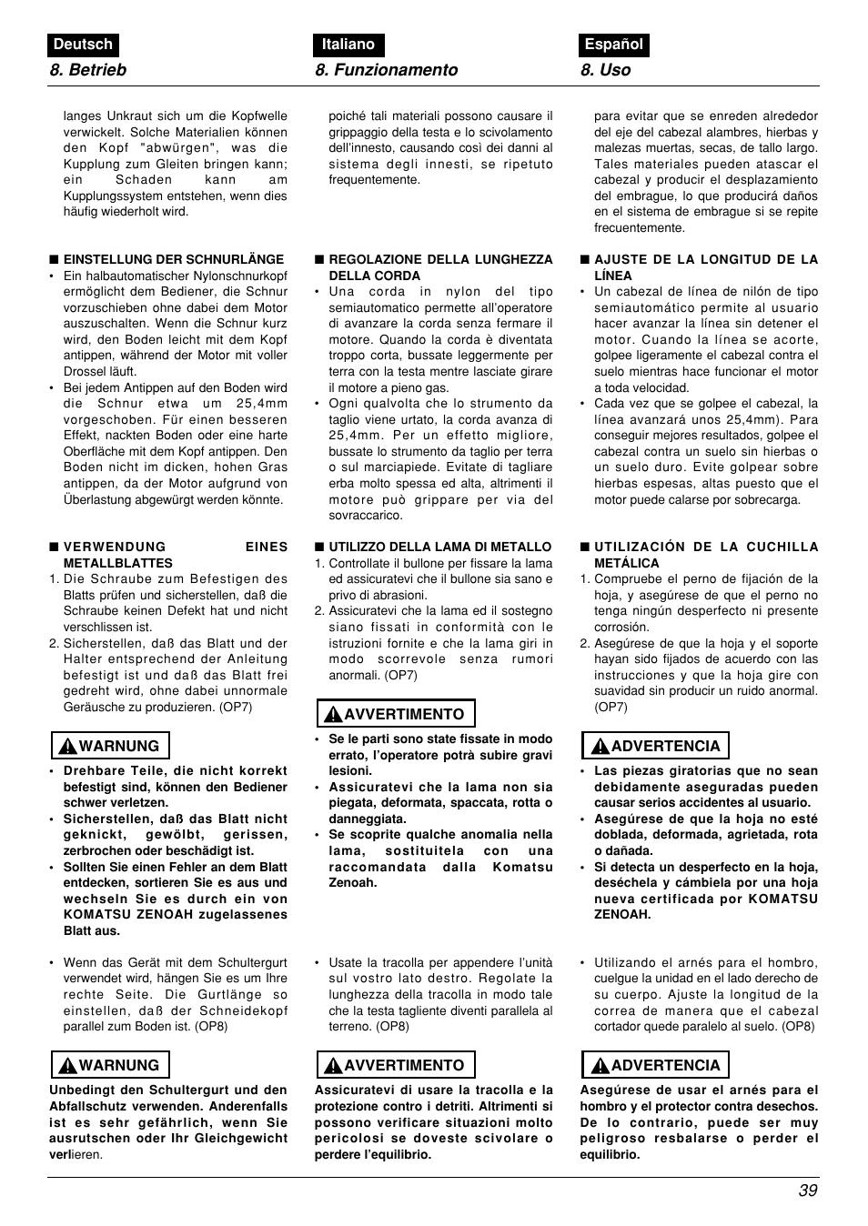 Betrieb 8. funzionamento 8. uso | Zenoah BCX2601DL User Manual | Page 39 / 72