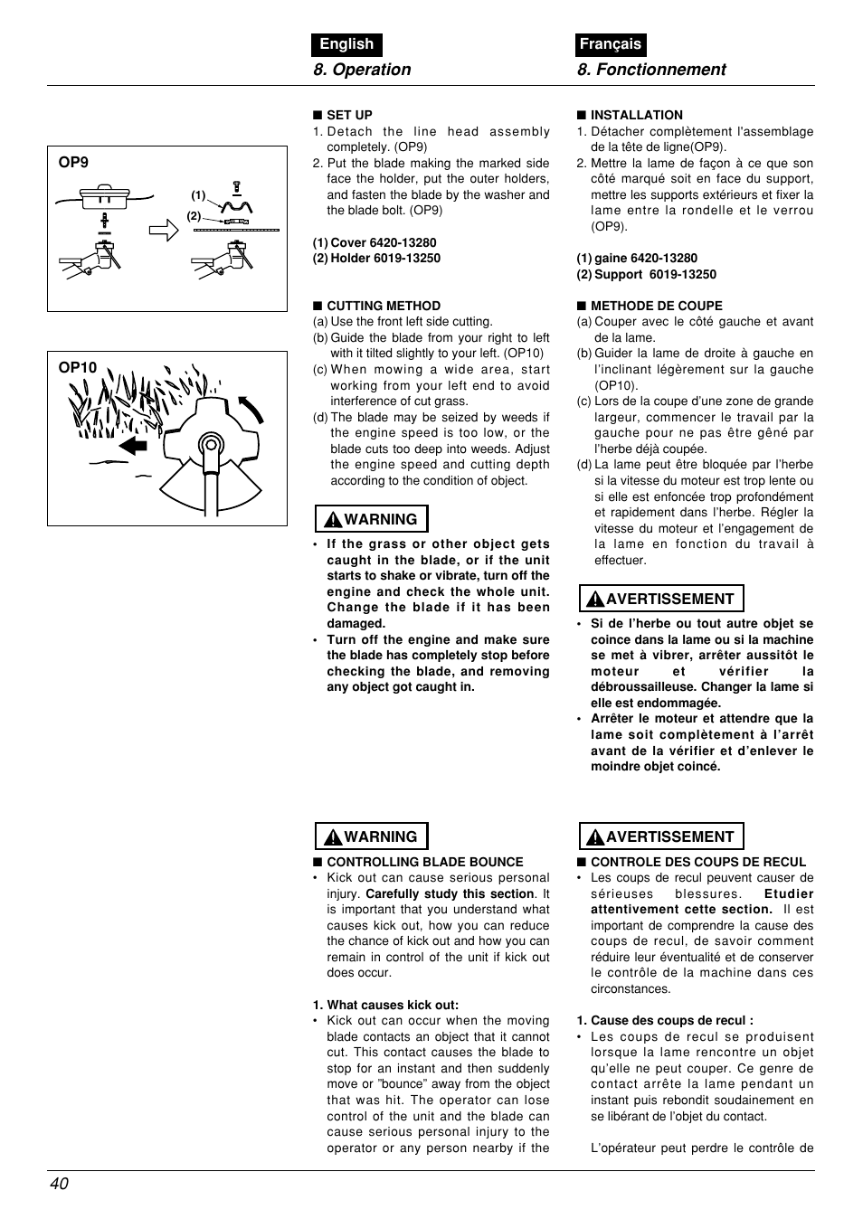 Operation 8. fonctionnement 40 | Zenoah BCX2601DL User Manual | Page 40 / 72