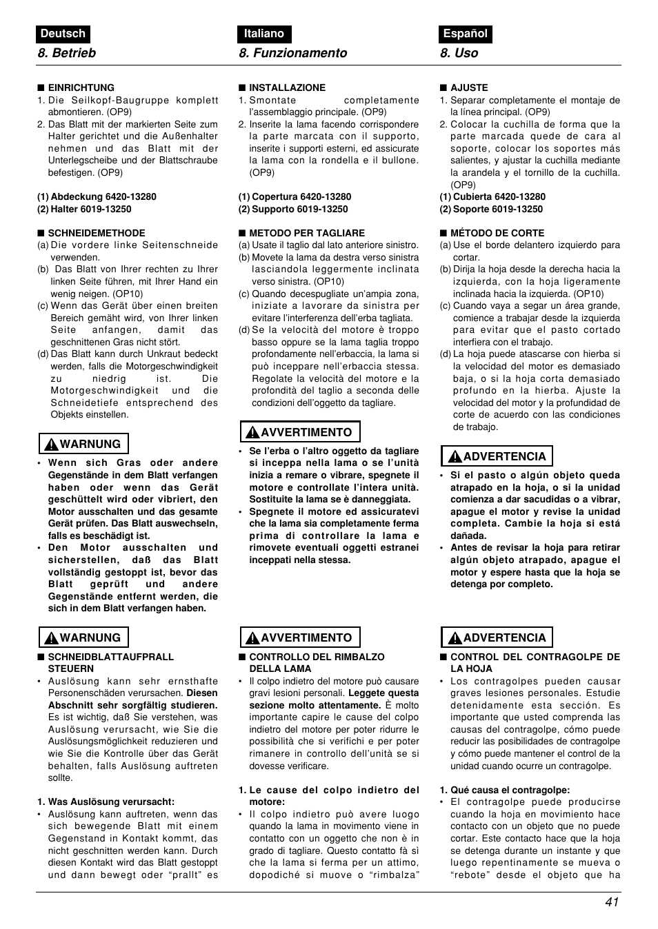 Betrieb 8. funzionamento 8. uso 41 | Zenoah BCX2601DL User Manual | Page 41 / 72