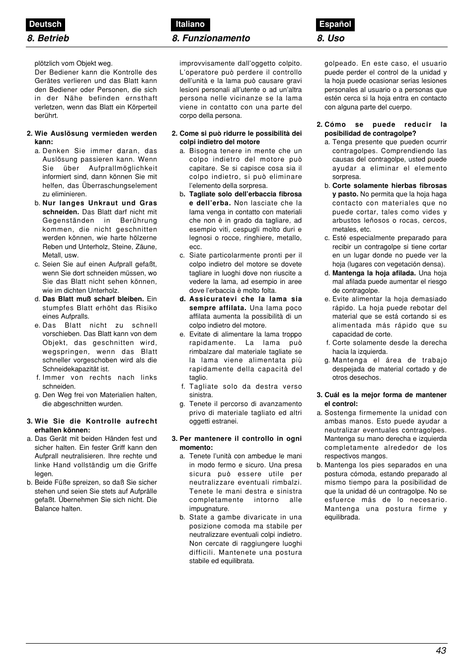 Betrieb 8. funzionamento 8. uso | Zenoah BCX2601DL User Manual | Page 43 / 72