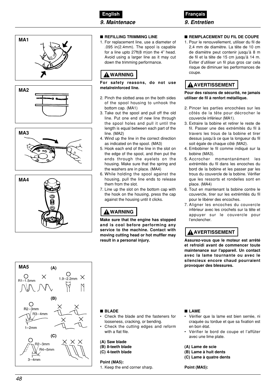 Maintenace 9. entretien 48 | Zenoah BCX2601DL User Manual | Page 48 / 72