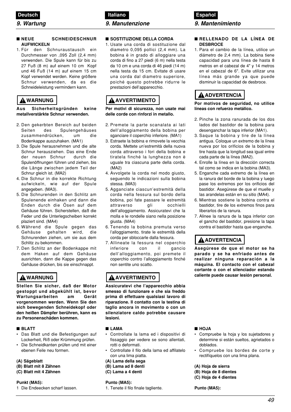 Wartung 9. manutenzione 9. mantenimiento 49 | Zenoah BCX2601DL User Manual | Page 49 / 72