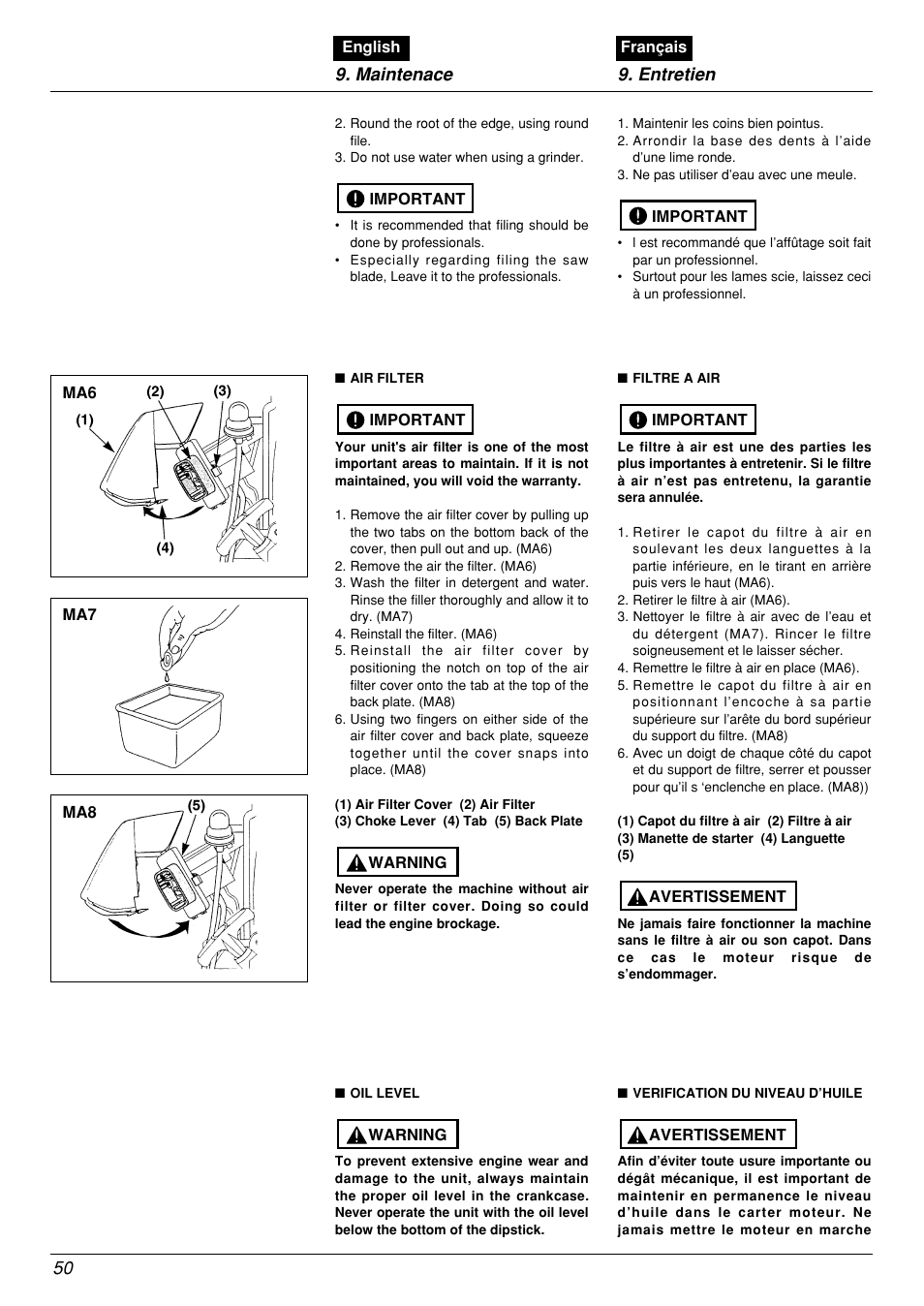 Maintenace 9. entretien 50 | Zenoah BCX2601DL User Manual | Page 50 / 72