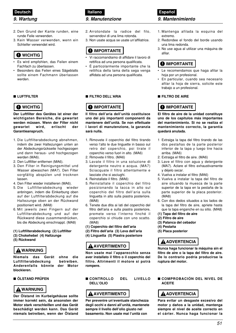 Wartung 9. manutenzione 9. mantenimiento 51 | Zenoah BCX2601DL User Manual | Page 51 / 72