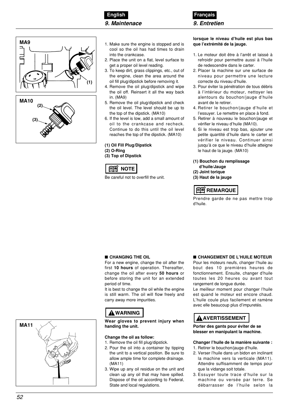 Maintenace 9. entretien 52 | Zenoah BCX2601DL User Manual | Page 52 / 72