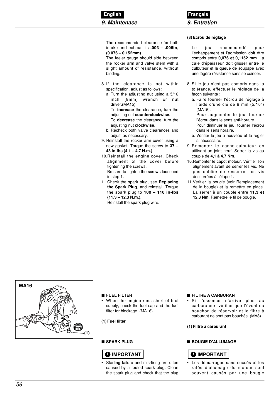 Maintenace 9. entretien | Zenoah BCX2601DL User Manual | Page 56 / 72