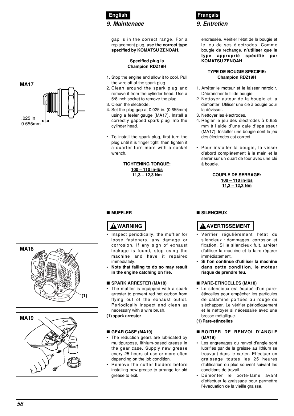 Maintenace 9. entretien | Zenoah BCX2601DL User Manual | Page 58 / 72