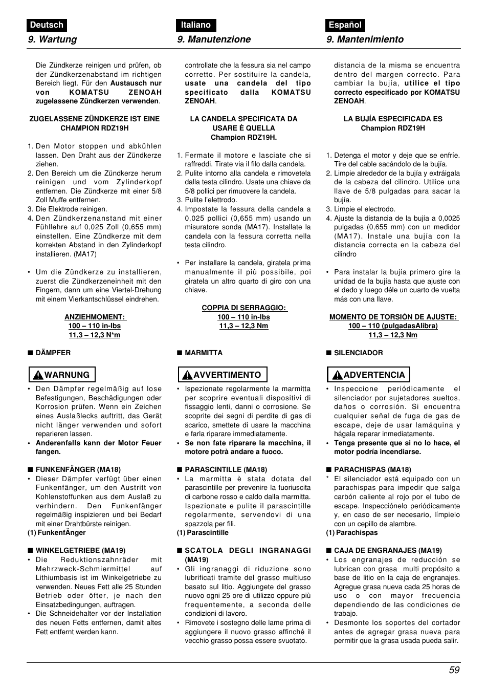 Wartung 9. manutenzione 9. mantenimiento | Zenoah BCX2601DL User Manual | Page 59 / 72