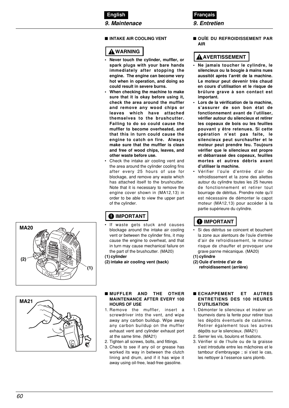 Maintenace 9. entretien | Zenoah BCX2601DL User Manual | Page 60 / 72