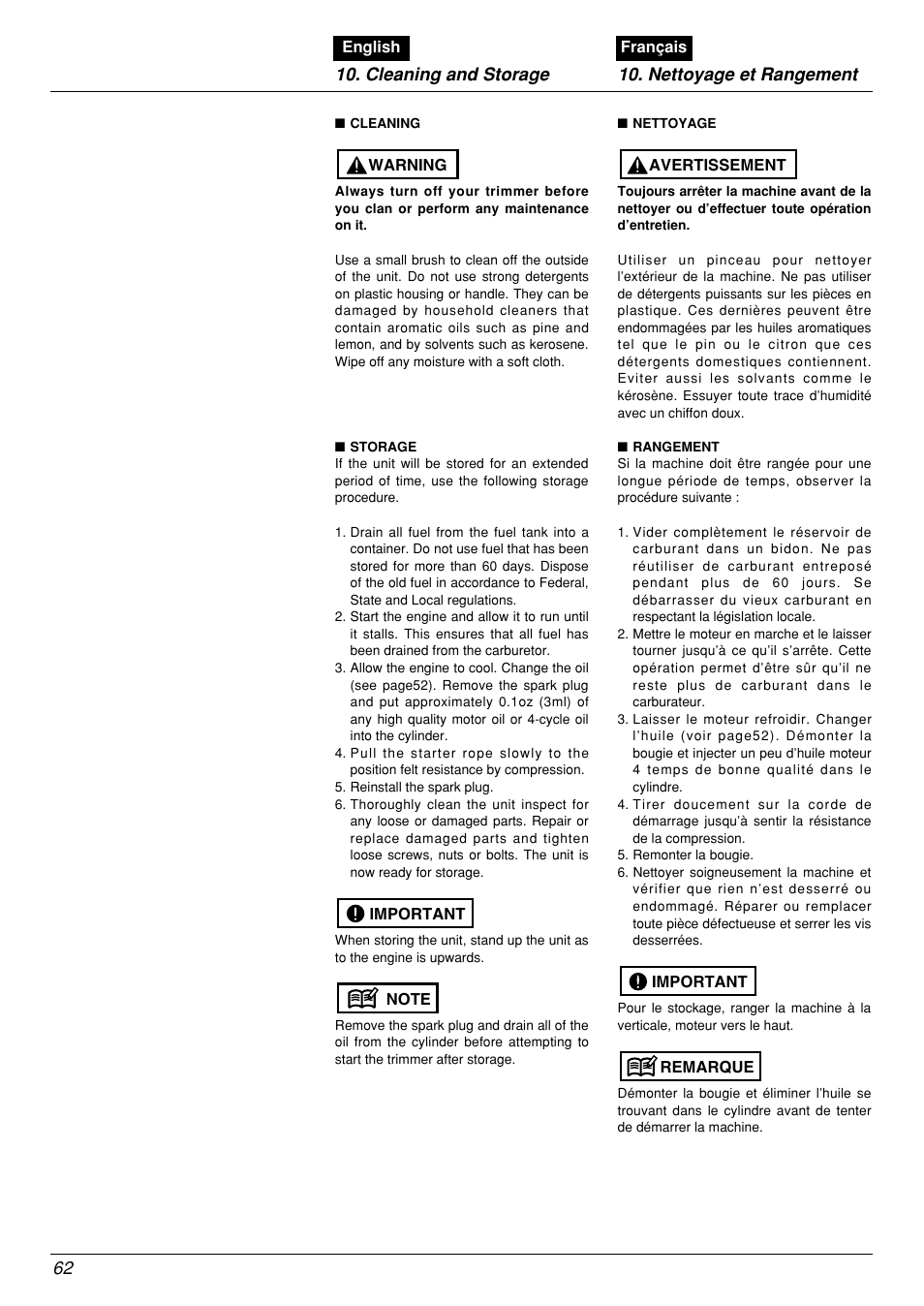 Cleaning and storage 10. nettoyage et rangement 62 | Zenoah BCX2601DL User Manual | Page 62 / 72