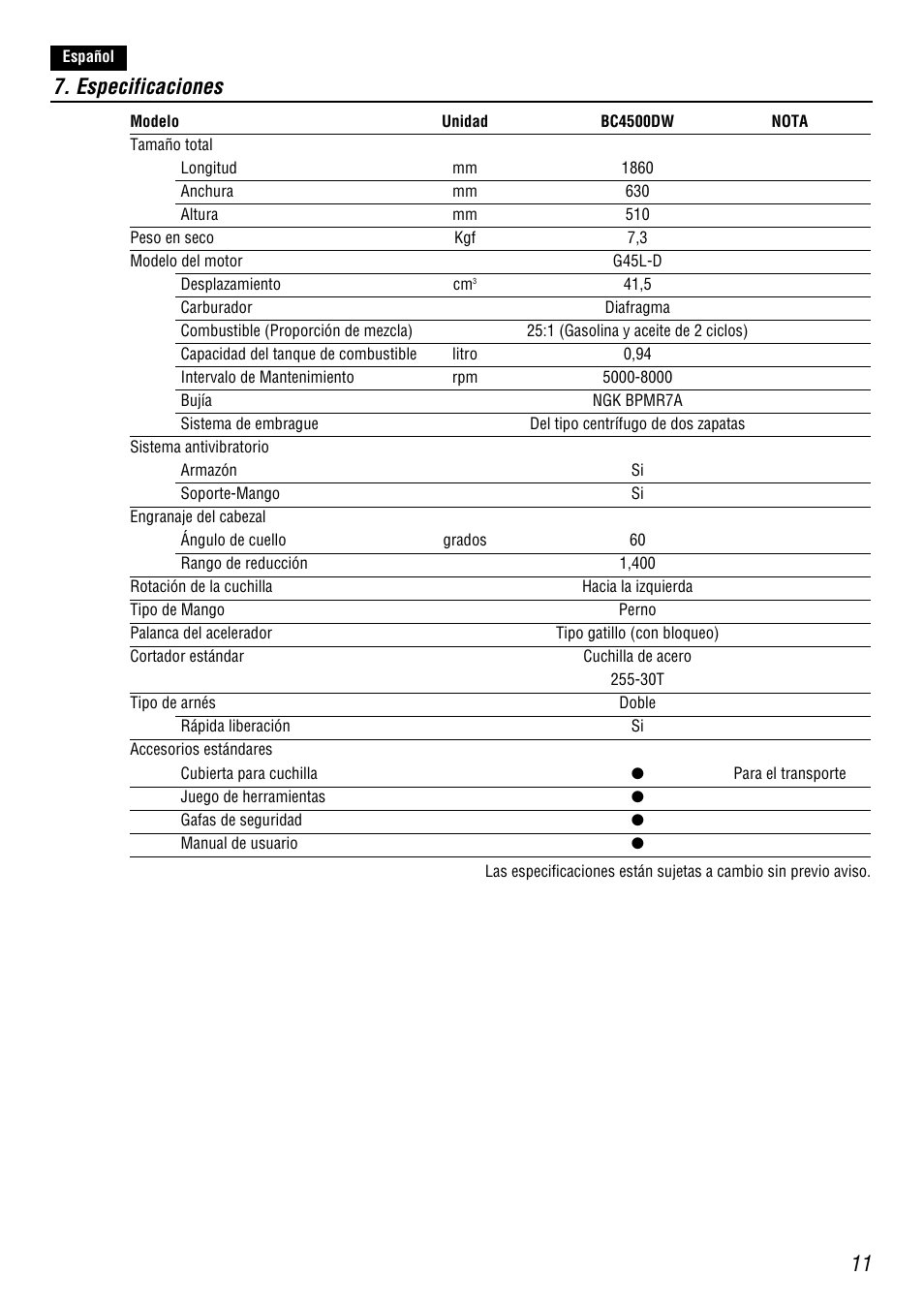 Especificaciones | Zenoah BC4500DW User Manual | Page 11 / 12