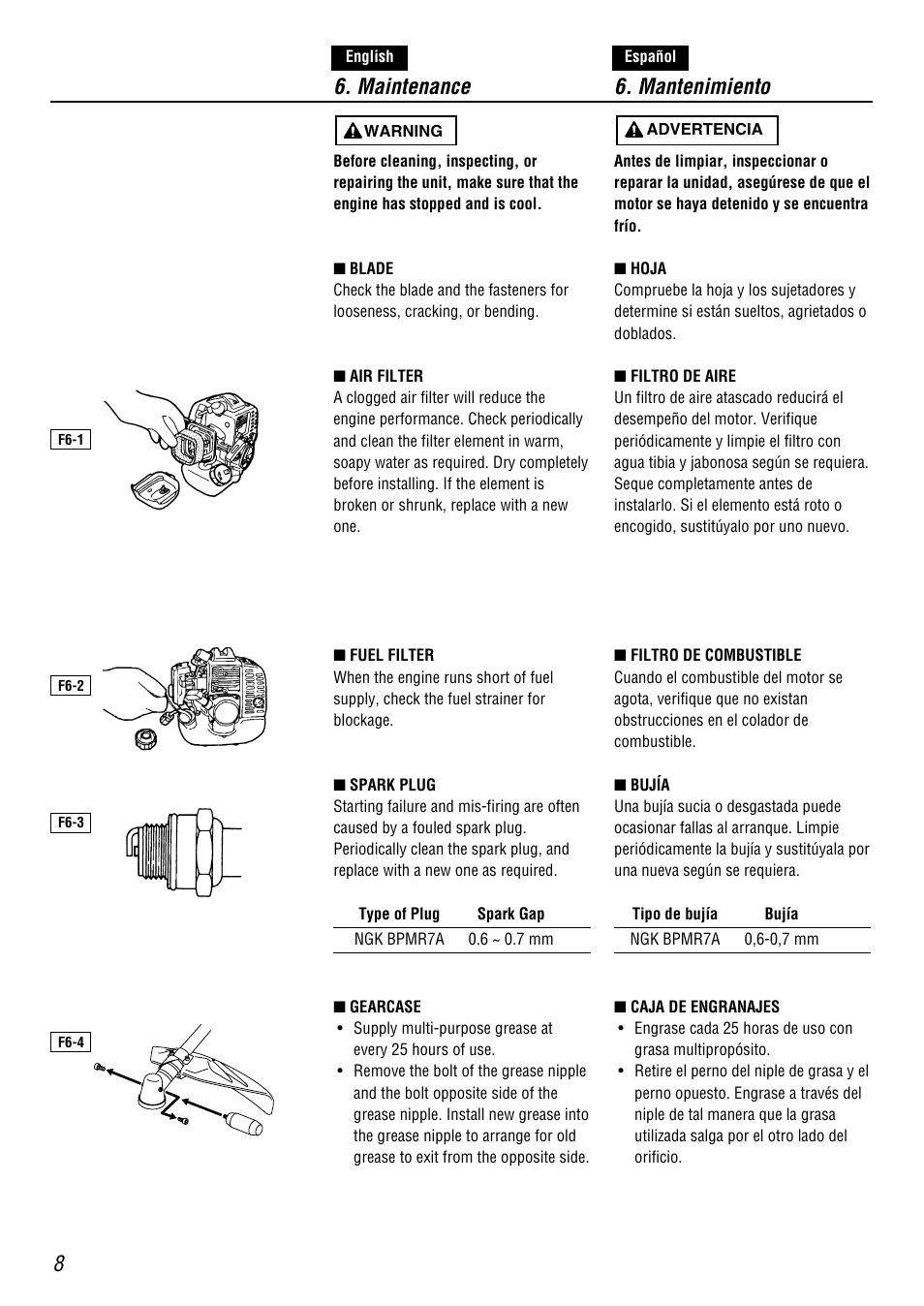 Maintenance 6. mantenimiento | Zenoah BC4500DW User Manual | Page 8 / 12