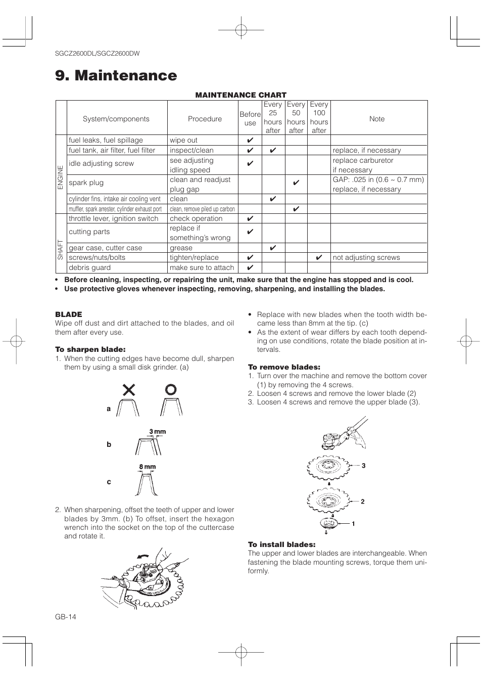Maintenance | Zenoah SGCZ2600 User Manual | Page 14 / 17