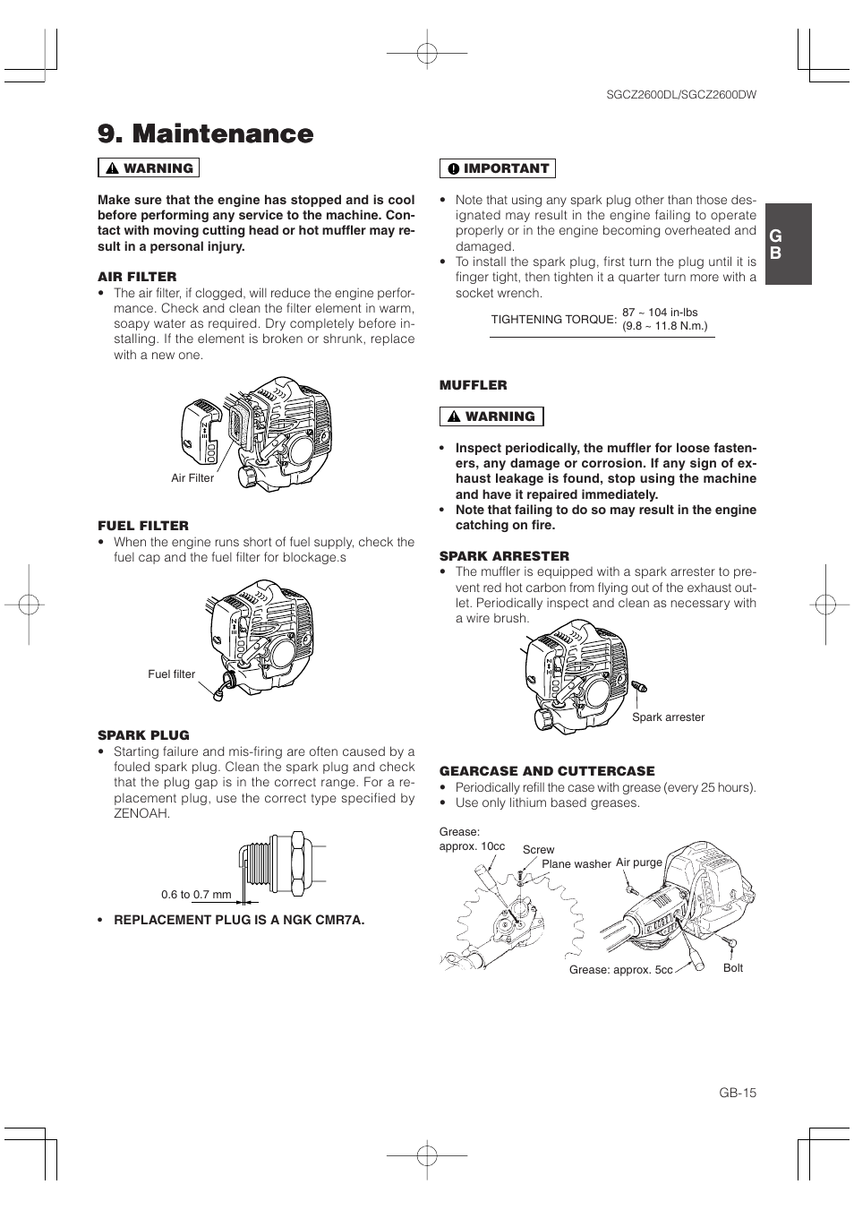Maintenance | Zenoah SGCZ2600 User Manual | Page 15 / 17