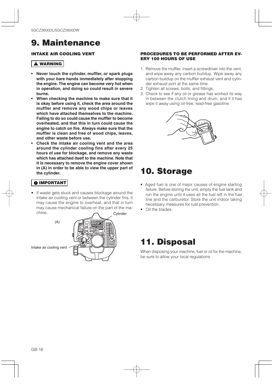 Maintenance, Storage, Disposal | Zenoah SGCZ2600 User Manual | Page 16 / 17