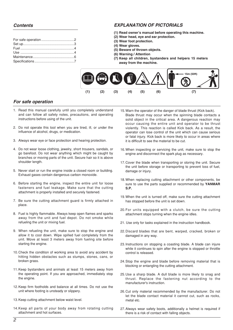 2for safe operation contents, Explanation of pictorials | Zenoah YM 415 DW User Manual | Page 2 / 8