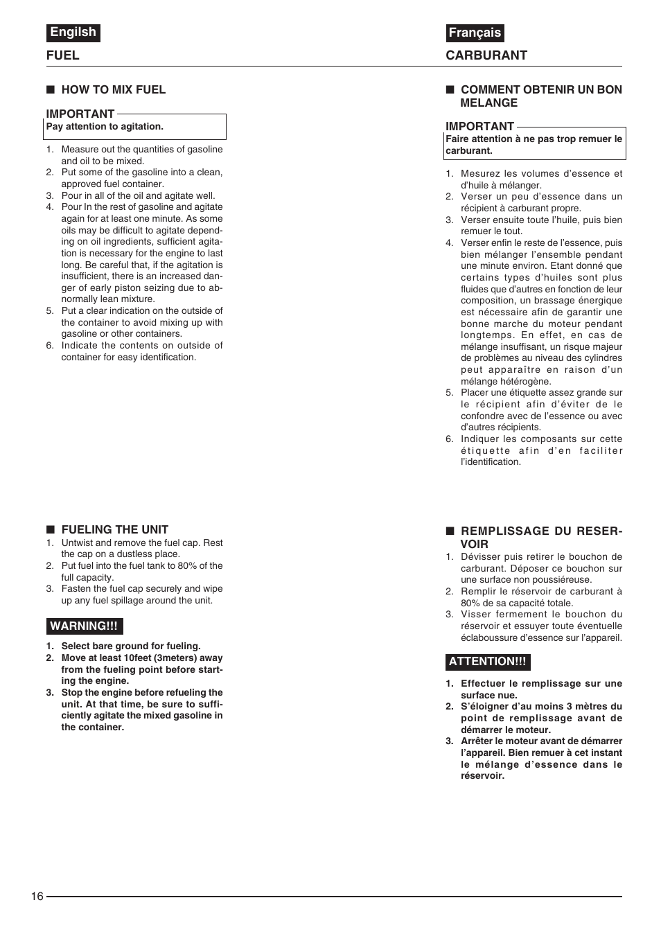 Engilsh français fuel carburant | Zenoah EB440 User Manual | Page 16 / 34