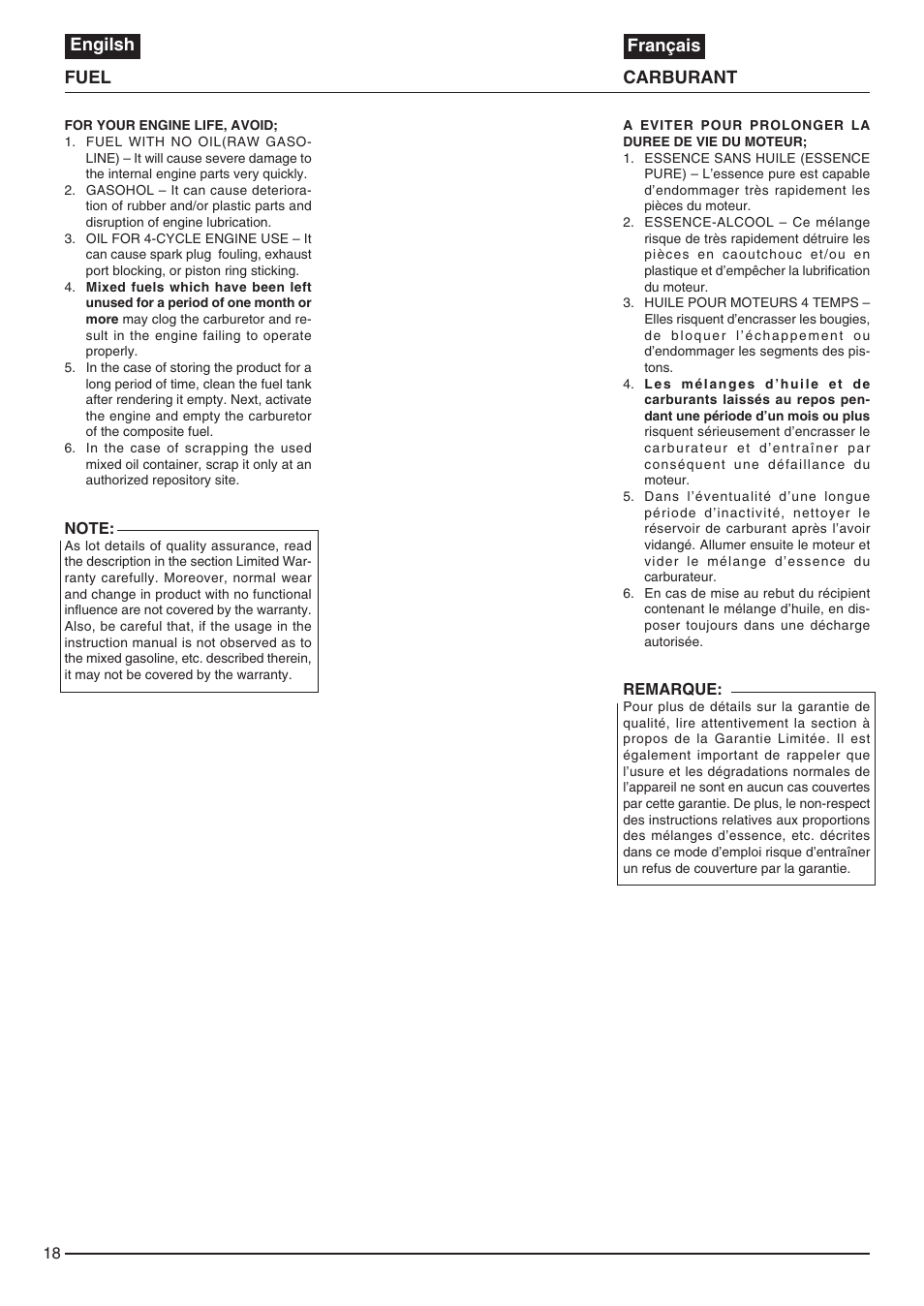 Engilsh français fuel carburant | Zenoah EB440 User Manual | Page 18 / 34