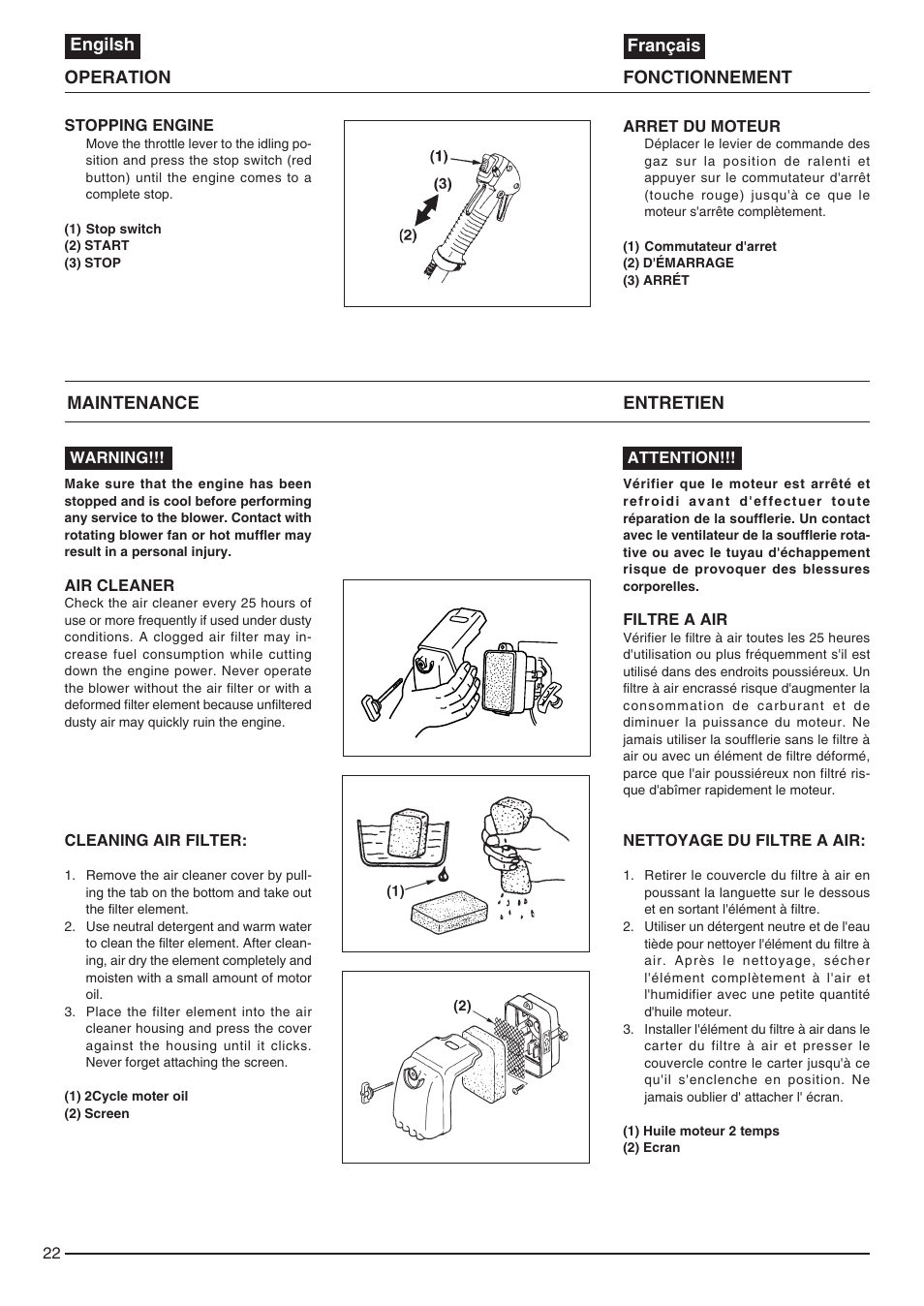 Operation fonctionnement engilsh français, Maintenance entretien | Zenoah EB440 User Manual | Page 22 / 34