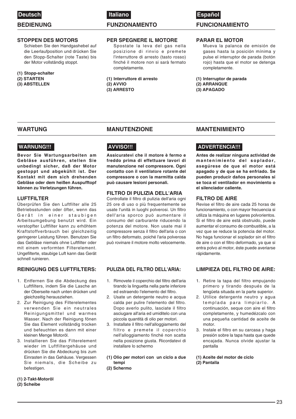 Wartung manutenzione mantenimiento | Zenoah EB440 User Manual | Page 23 / 34