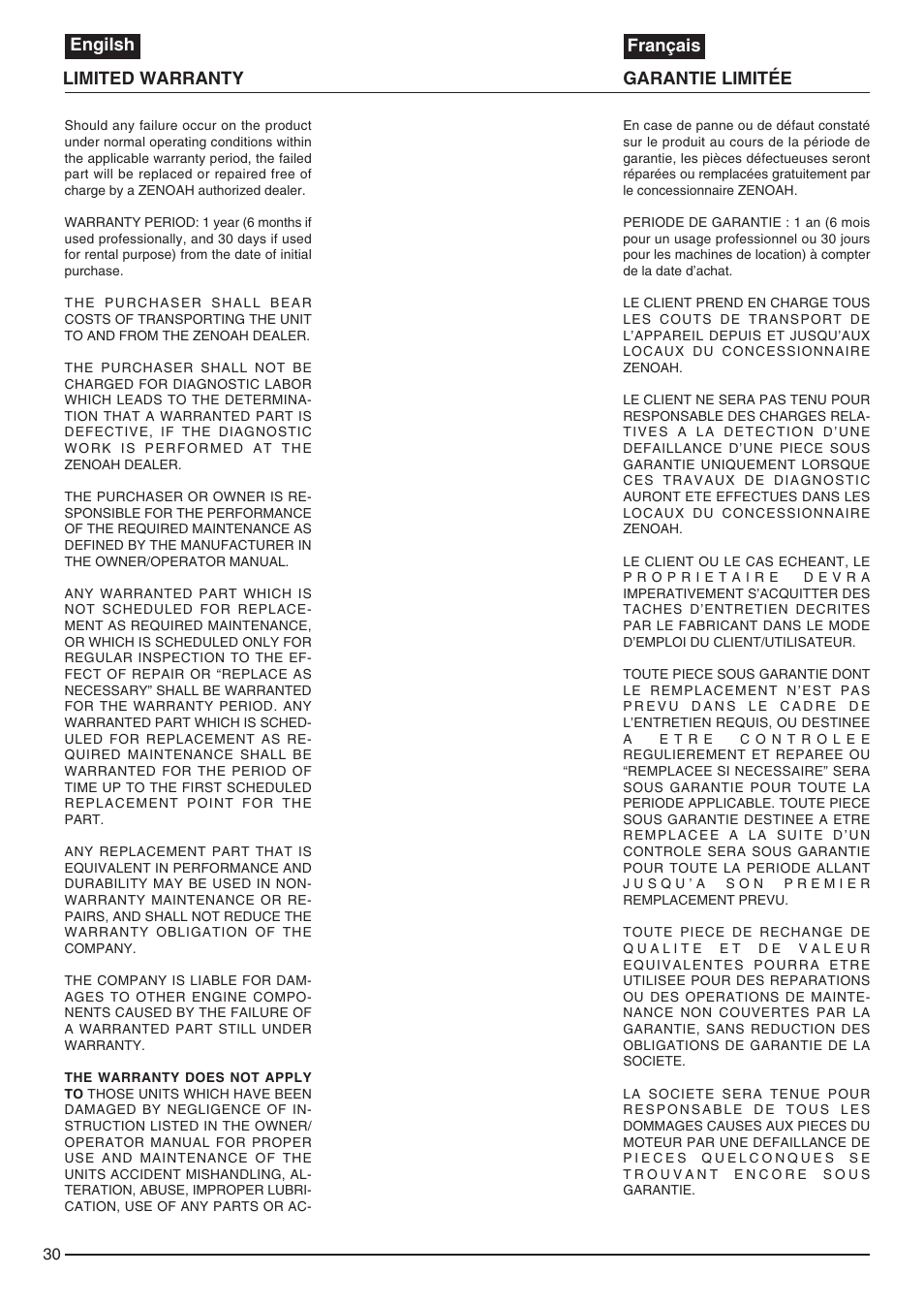 Garantie limitée limited warranty engilsh français | Zenoah EB440 User Manual | Page 30 / 34