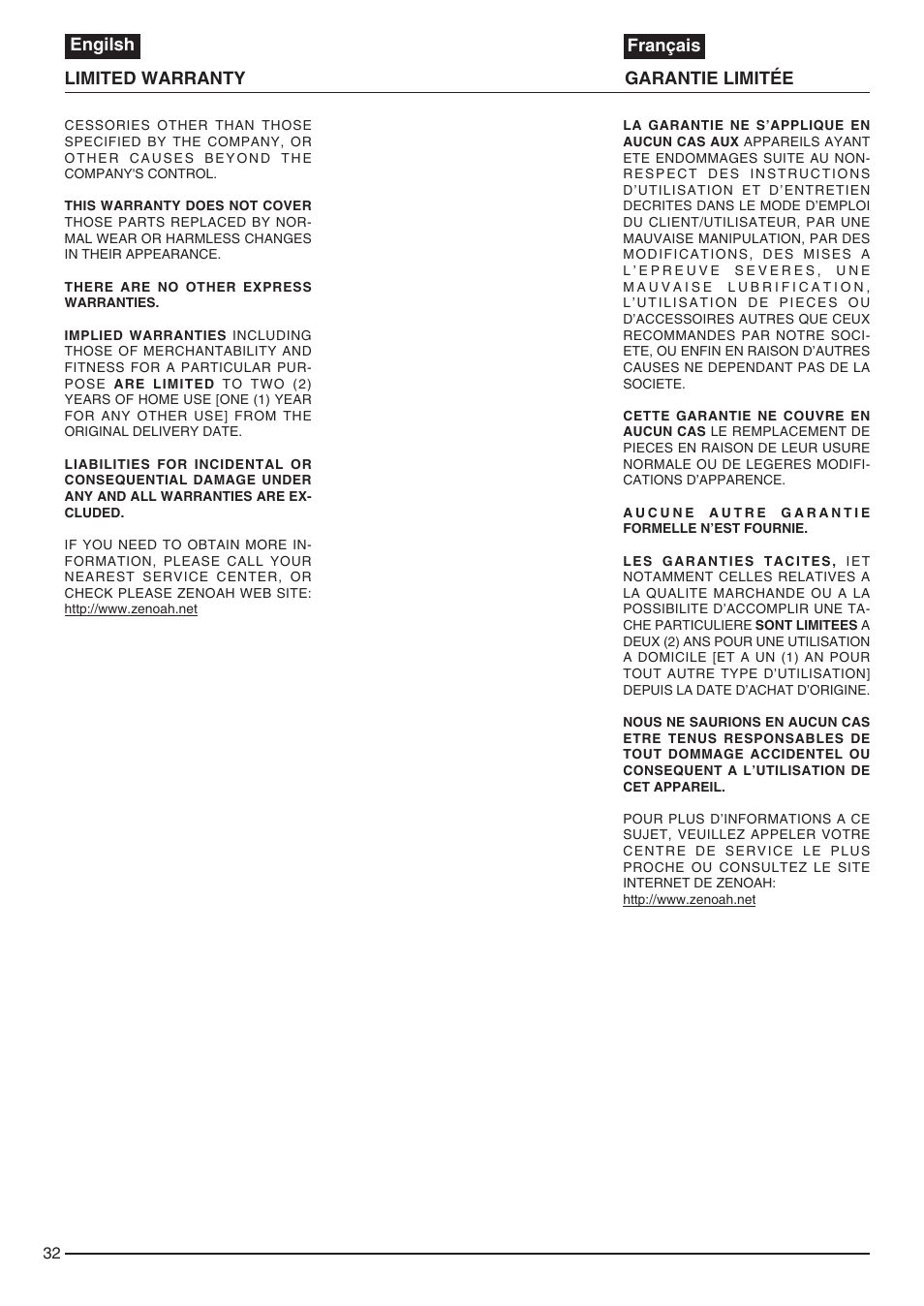 Engilsh français, Garantie limitée limited warranty | Zenoah EB440 User Manual | Page 32 / 34