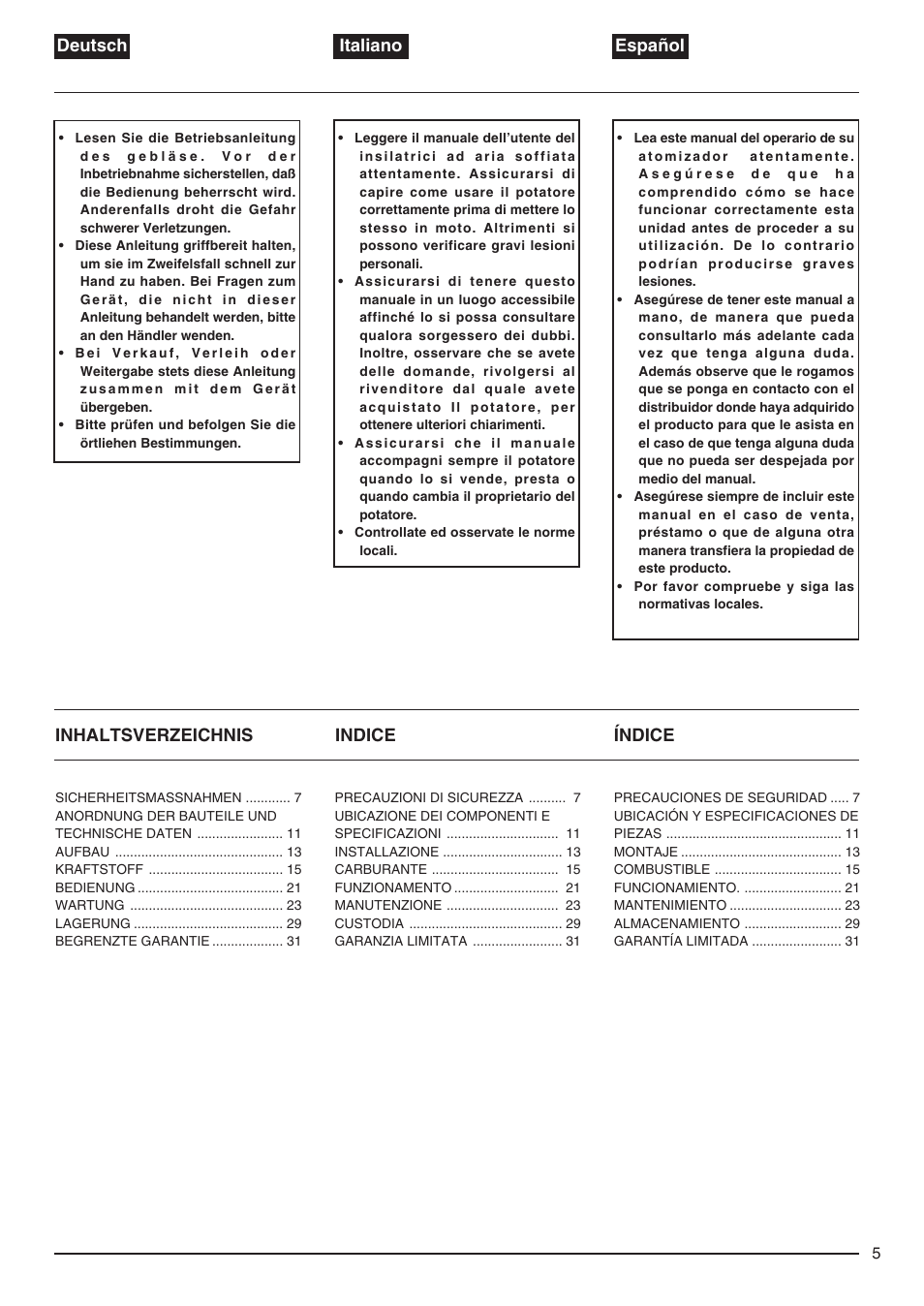 Indice, Índice inhaltsverzeichnis deutsch italiano español | Zenoah EB440 User Manual | Page 5 / 34