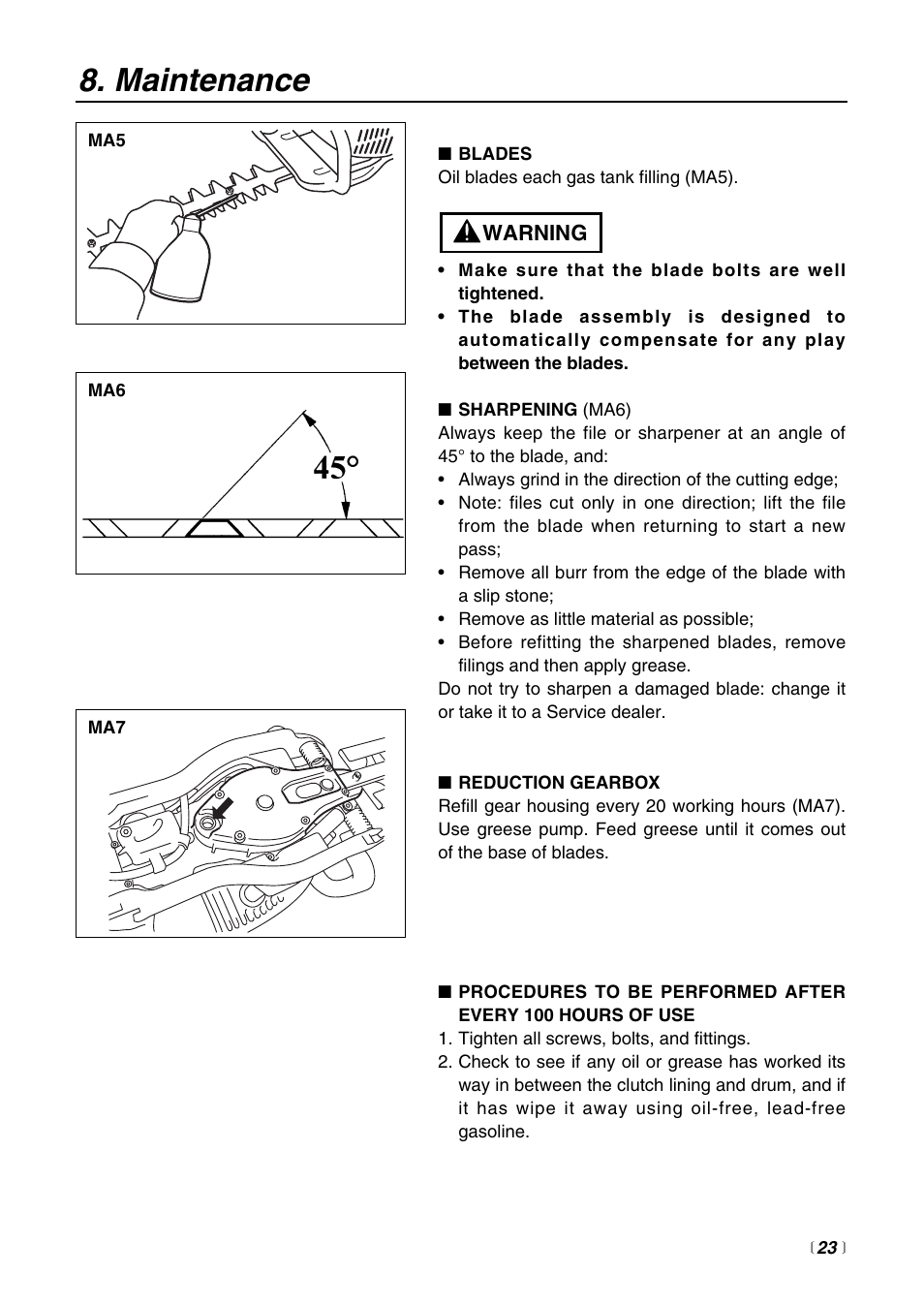 Maintenance | Zenoah HTZ2500 User Manual | Page 23 / 36