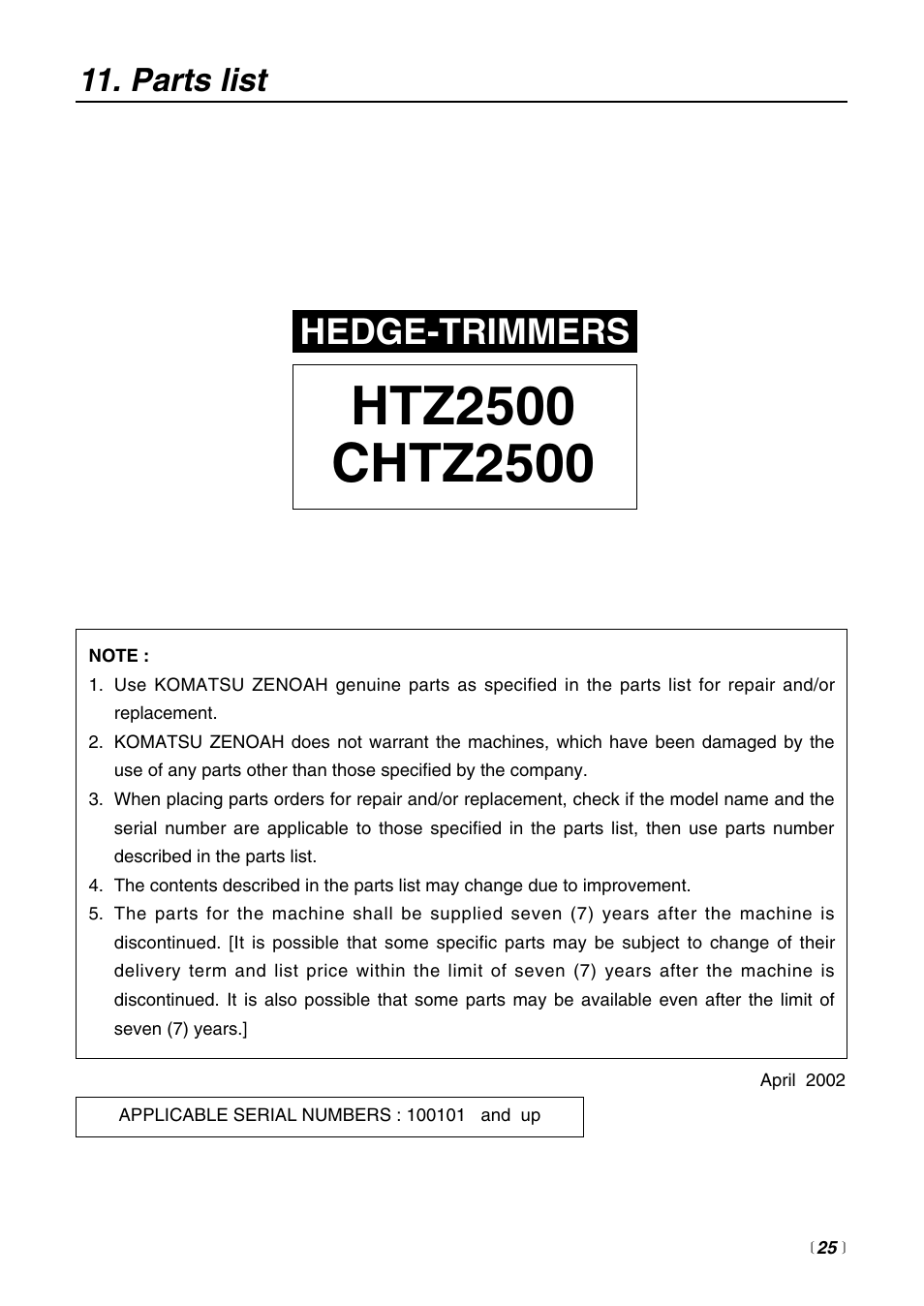 Hedge-trimmers, Parts list | Zenoah HTZ2500 User Manual | Page 25 / 36