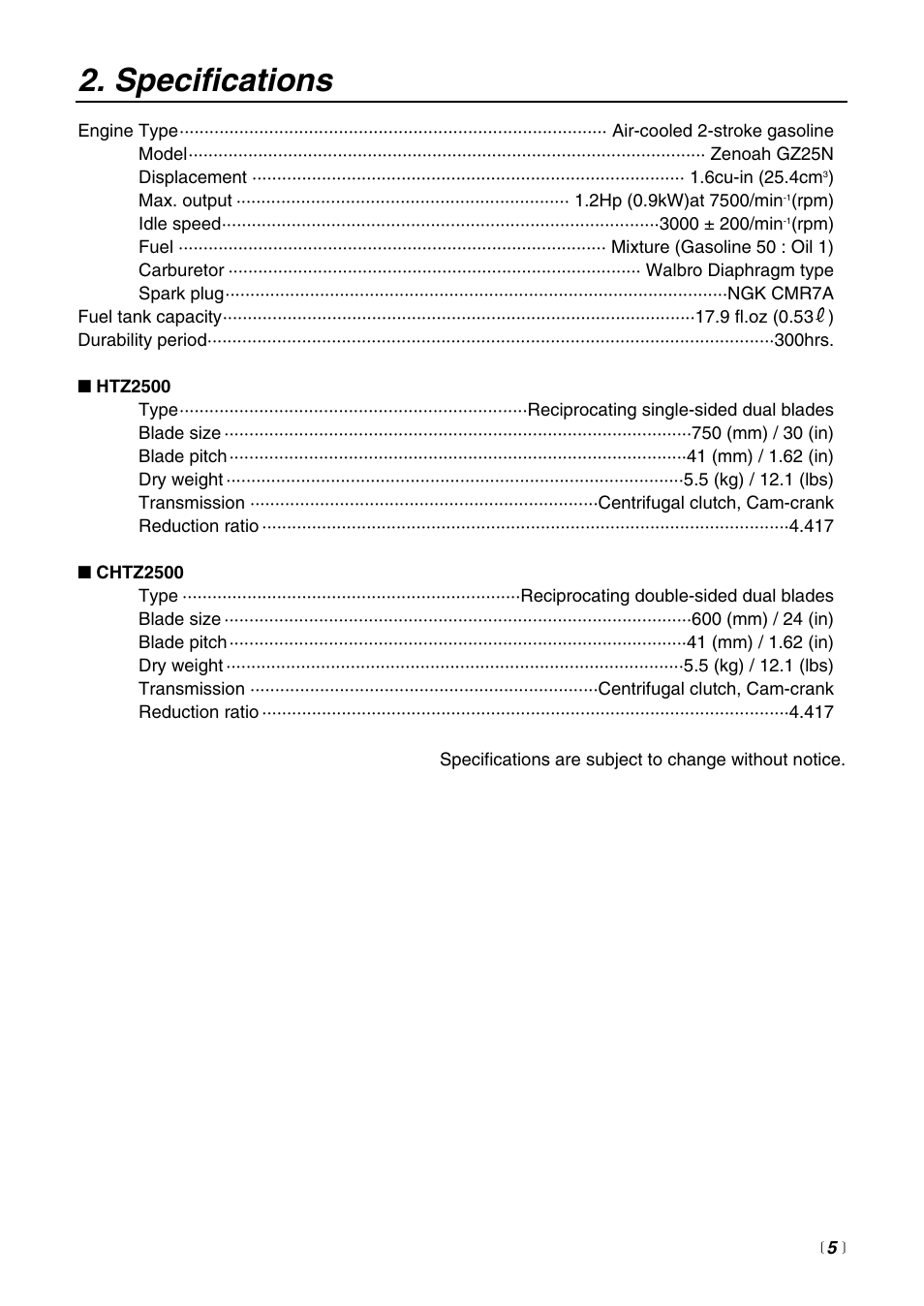 Specifications | Zenoah HTZ2500 User Manual | Page 5 / 36