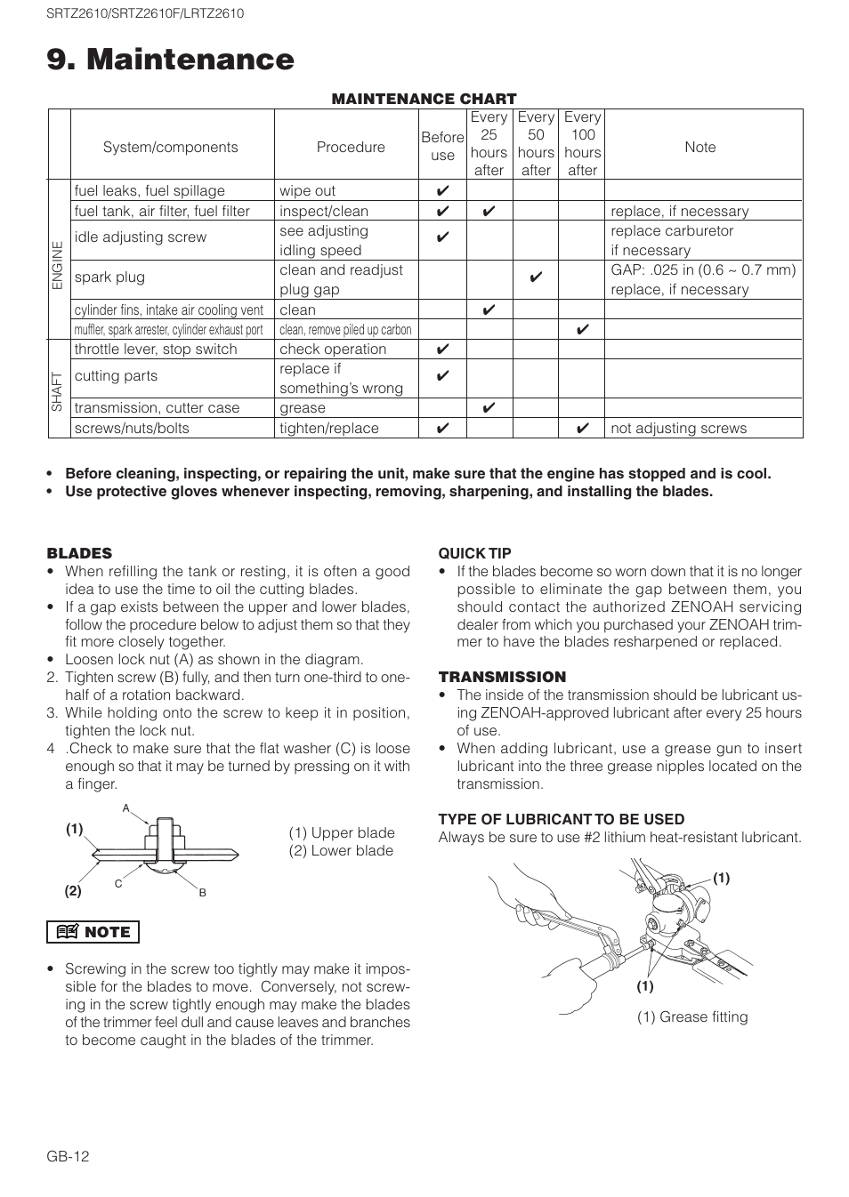 Maintenance | Zenoah LRTZ2610 User Manual | Page 12 / 15