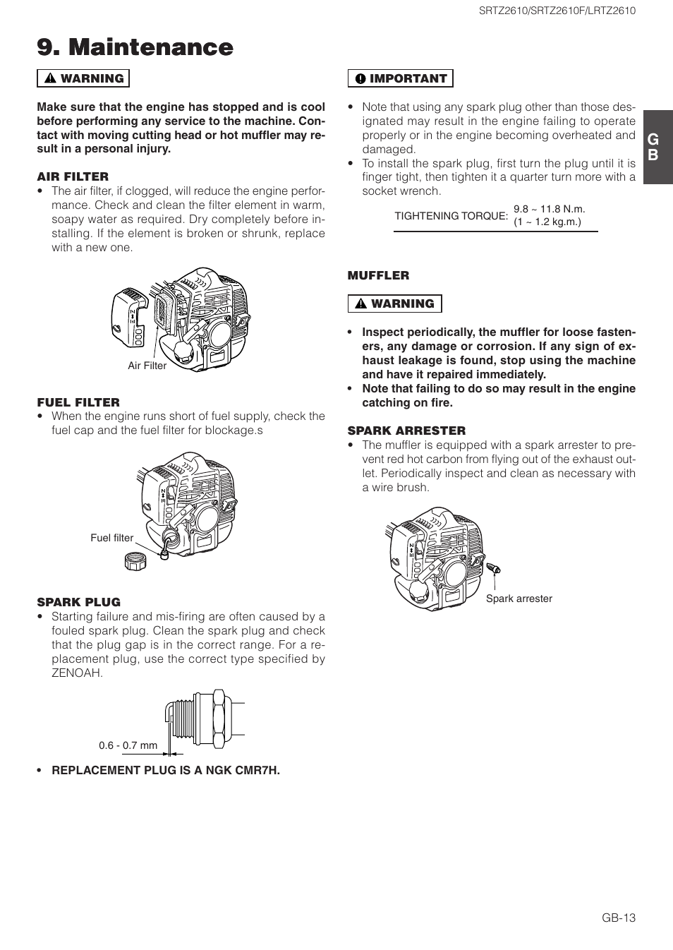 Maintenance | Zenoah LRTZ2610 User Manual | Page 13 / 15