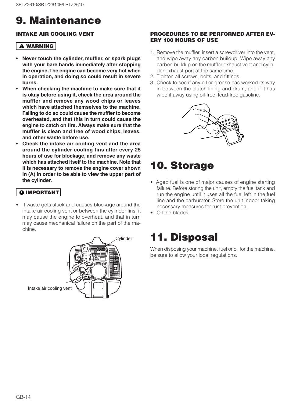 Maintenance, Storage, Disposal | Zenoah LRTZ2610 User Manual | Page 14 / 15