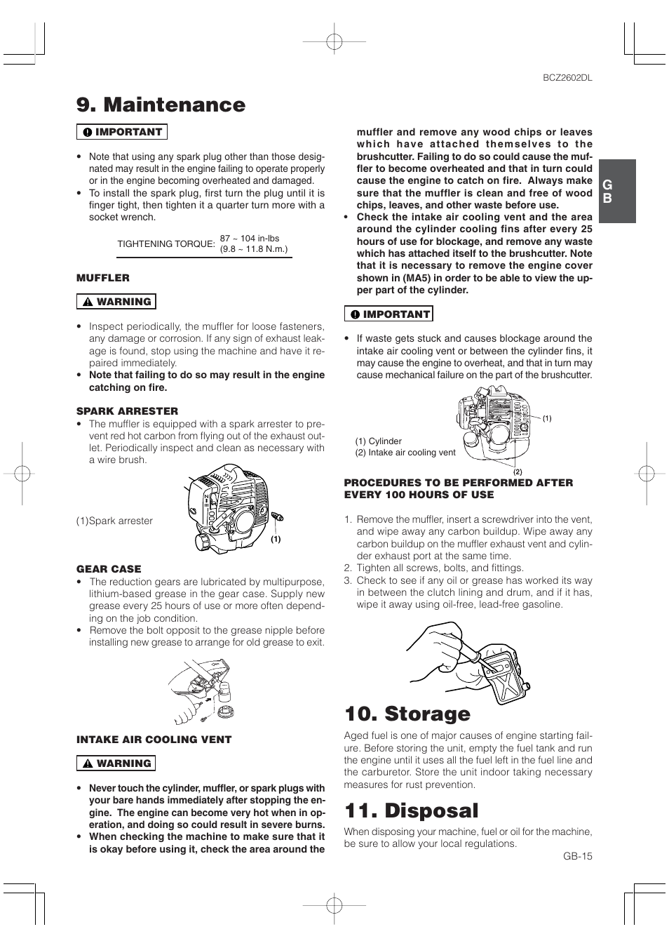 Storage, Maintenance, Disposal | Zenoah BCZ2602DL User Manual | Page 15 / 16