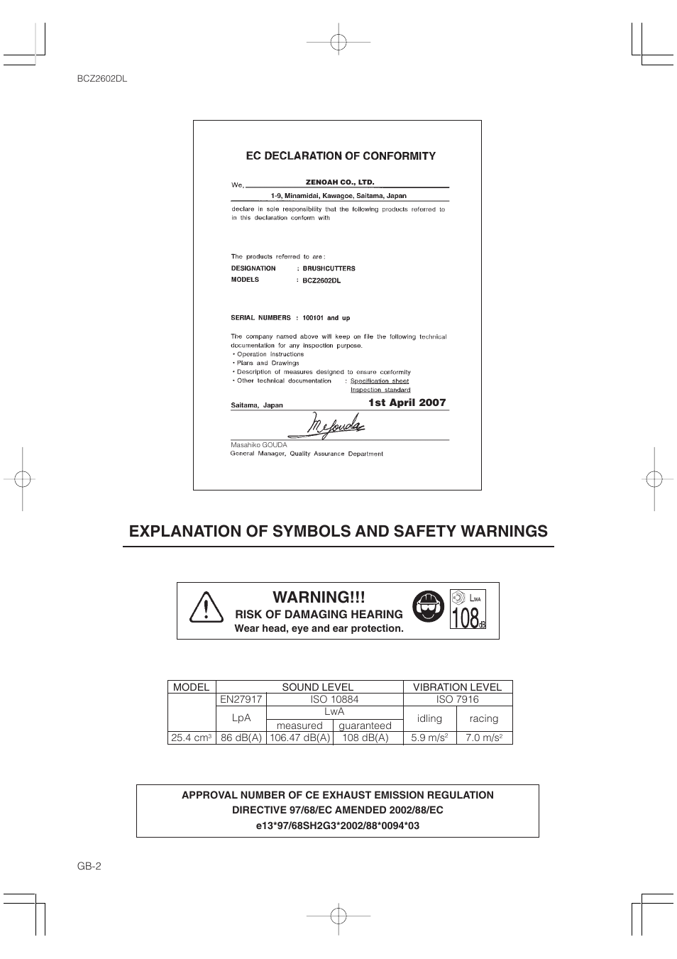 Explanation of symbols and safety warnings, Warning | Zenoah BCZ2602DL User Manual | Page 2 / 16