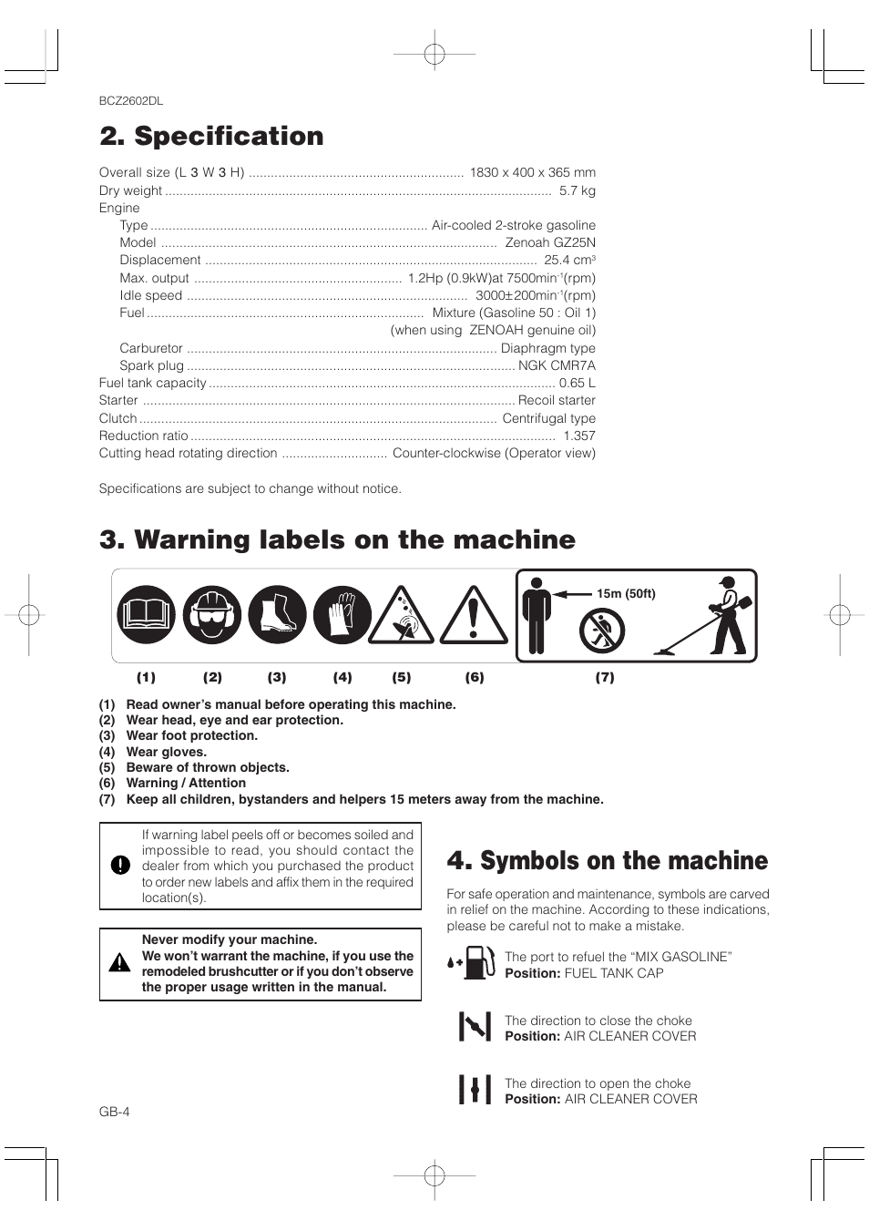 Specification | Zenoah BCZ2602DL User Manual | Page 4 / 16