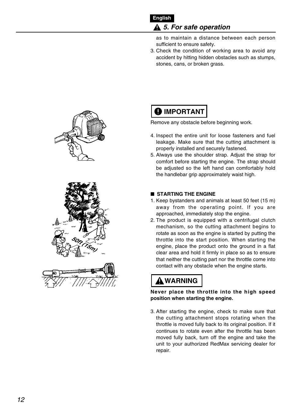 Warning important 5. for safe operation | Zenoah RedMax PSZ2401 User Manual | Page 12 / 68