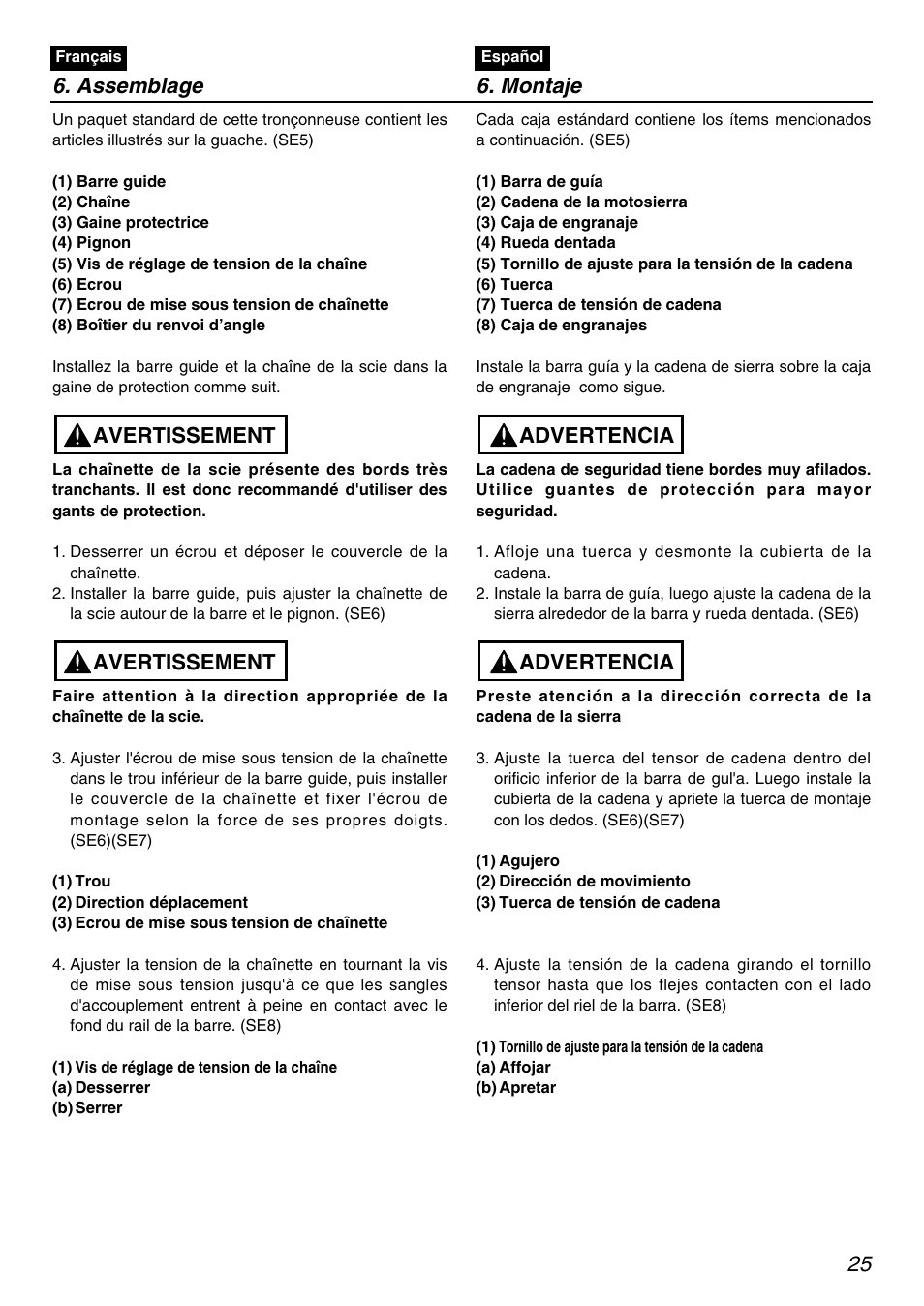 Avertissement, Advertencia, Advertencia 6. assemblage 6. montaje | Zenoah RedMax PSZ2401 User Manual | Page 25 / 68