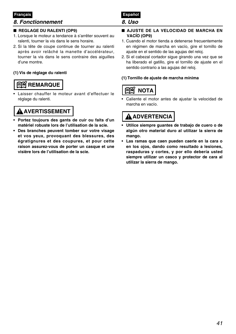 Advertencia nota, Avertissement remarque 8. fonctionnement 8. uso | Zenoah RedMax PSZ2401 User Manual | Page 41 / 68