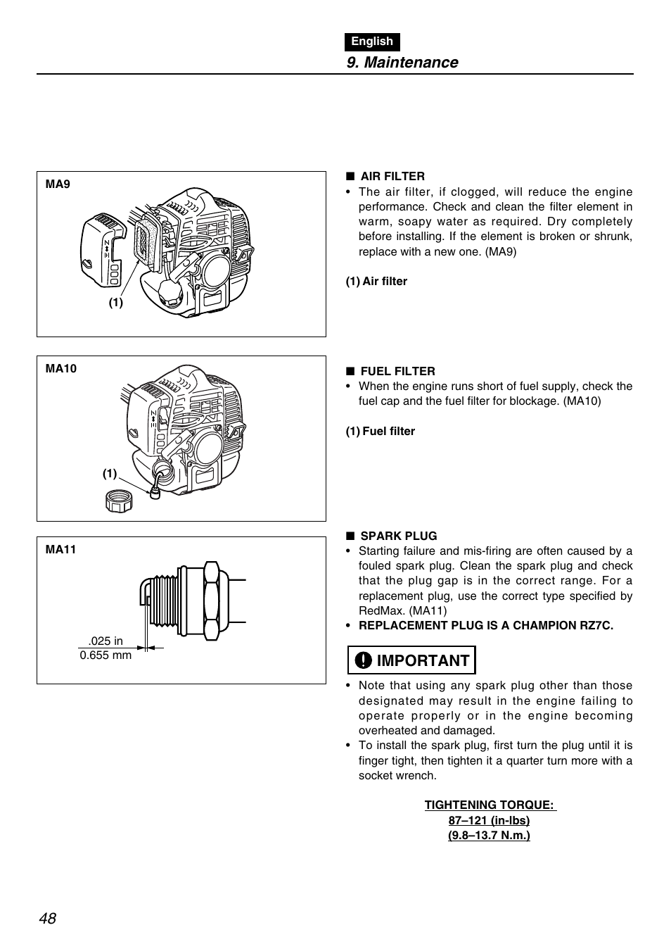 Important, Maintenance | Zenoah RedMax PSZ2401 User Manual | Page 48 / 68