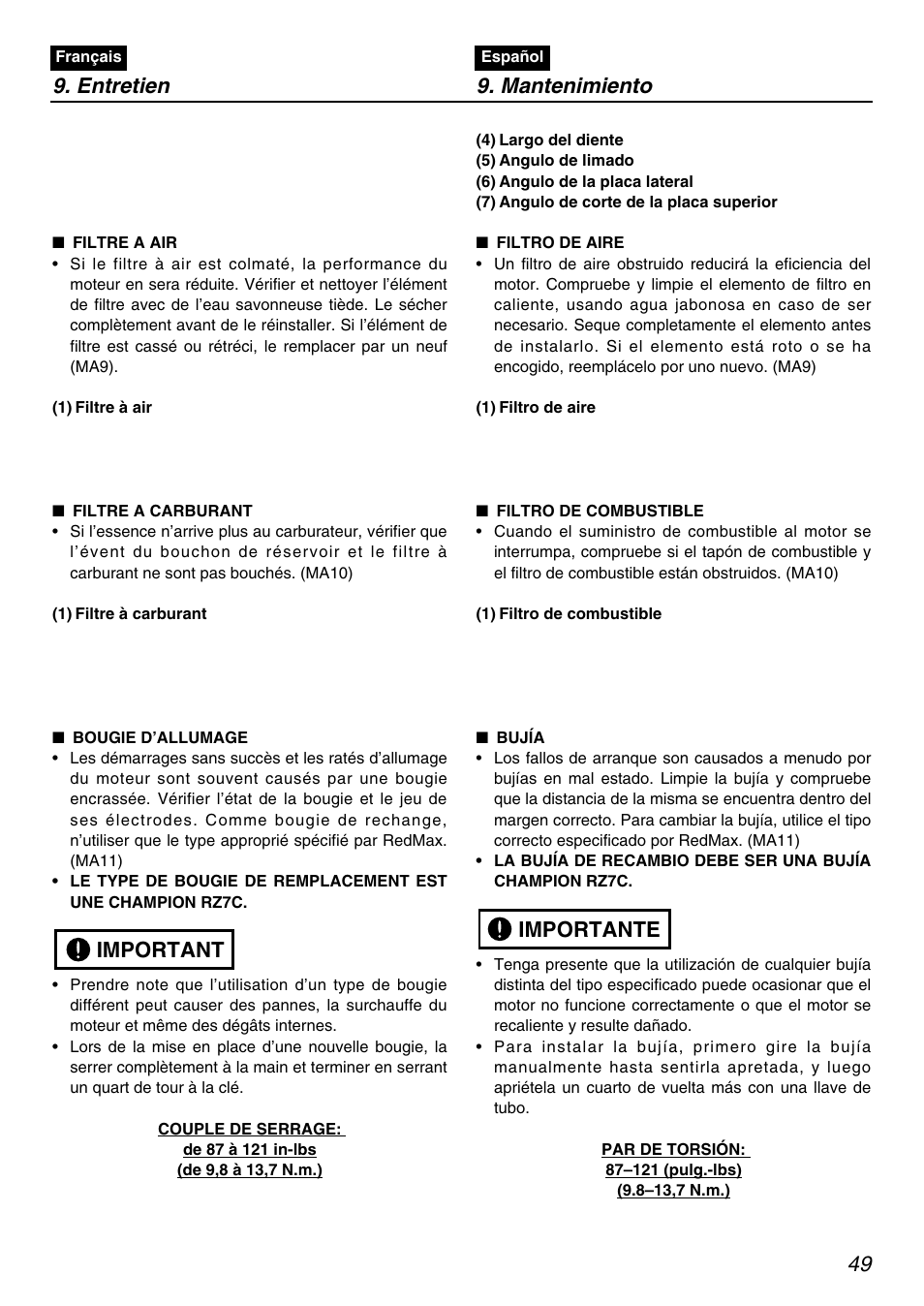 Important, Importante 9. entretien 9. mantenimiento | Zenoah RedMax PSZ2401 User Manual | Page 49 / 68